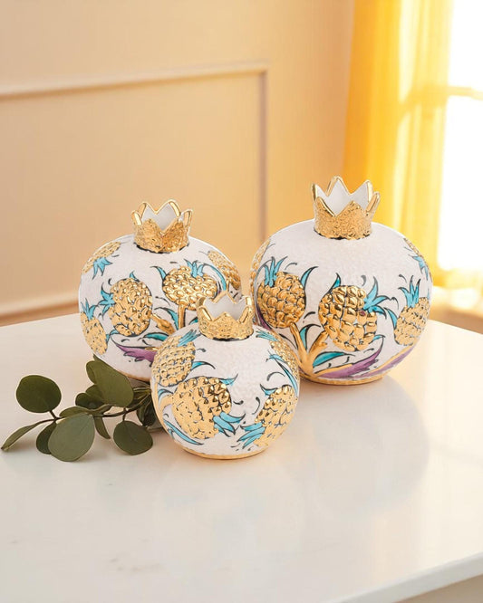 24K Gold Ceramic Pomegranate Set: Turkish Pottery Home Decor