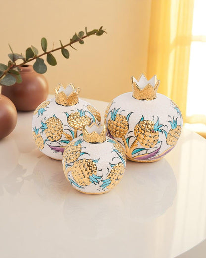 24K Gold Ceramic Pomegranate Set: Turkish Pottery Home Decor