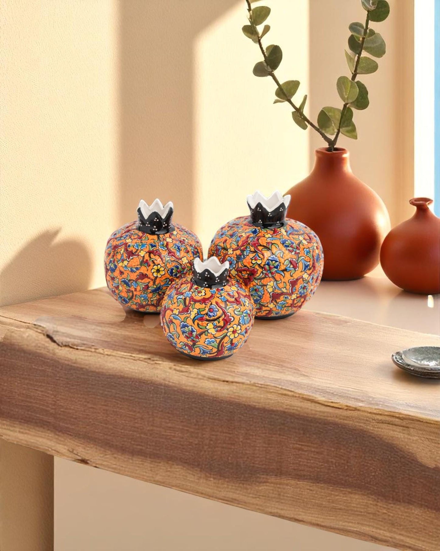 Handmade Ceramic Pomegranate Set, Turkish Iznik Pottery, Boho Home Decor Gift