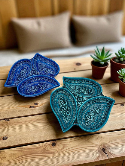 21 cm Ceramic Snack Platter, 3-Section Leaf Serving Tray, Turkish Appetizer Bowl, Iznik Pattern Nut Dish, Blue or Turquoise