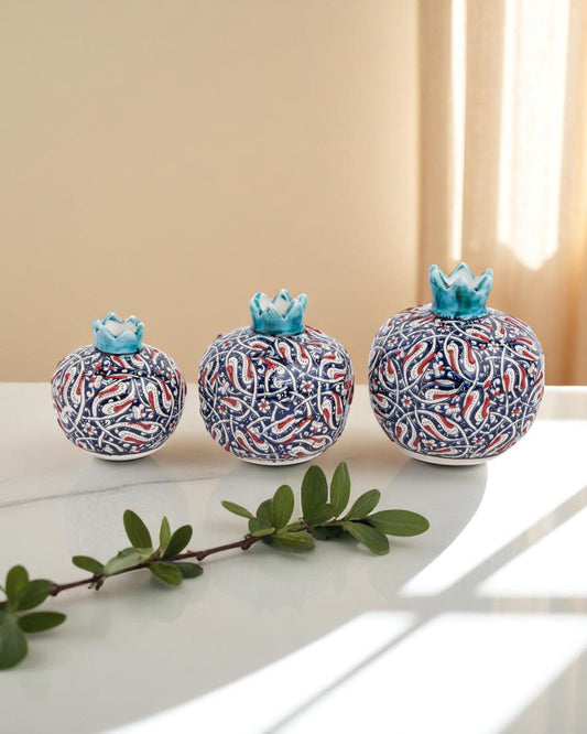 Handmade Ceramic Pomegranate Set: Turkish Iznik Tulip Design, Blue & Red Home Decor