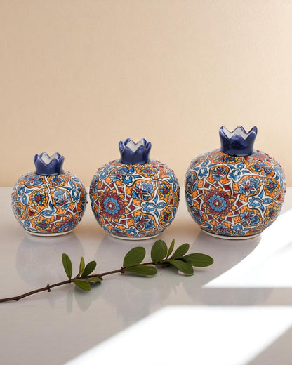 Handmade Ceramic Pomegranate Set: Turkish Iznik Floral Decor