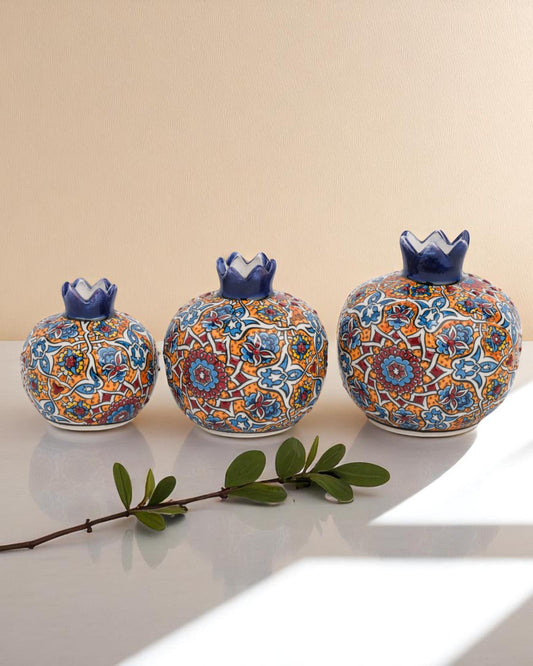 Handmade Ceramic Pomegranate Set: Turkish Iznik Floral Decor