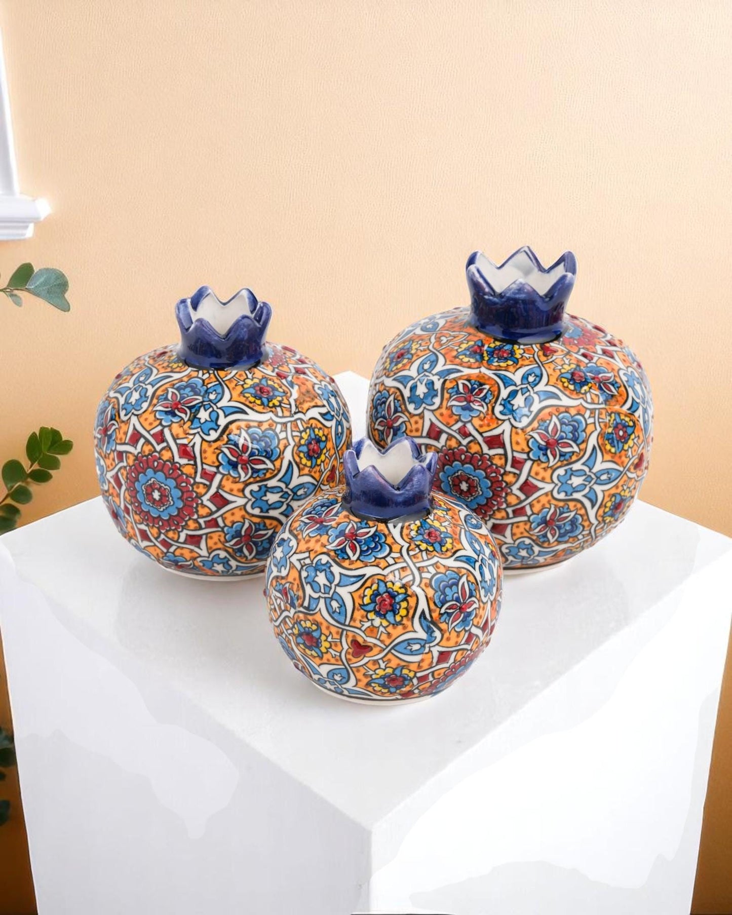 Handmade Ceramic Pomegranate Set: Turkish Iznik Floral Decor