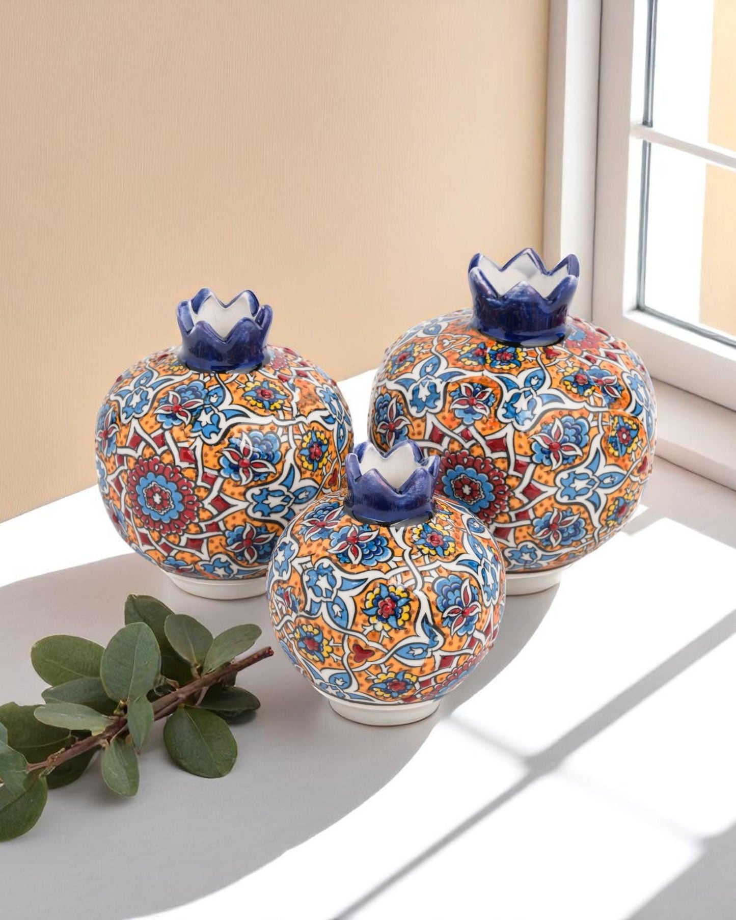 Handmade Ceramic Pomegranate Set: Turkish Iznik Floral Decor