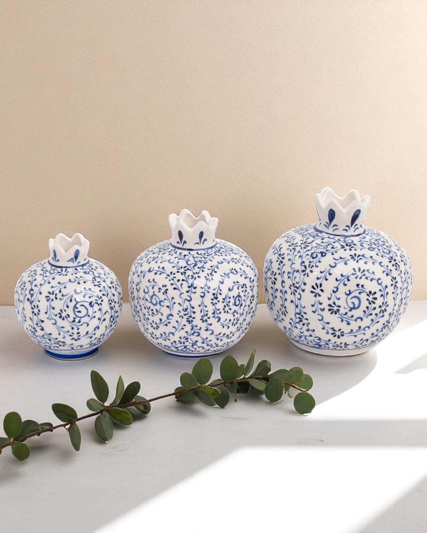 Ceramic Pomegranate Set of 3: White & Blue Iznik Style Pottery