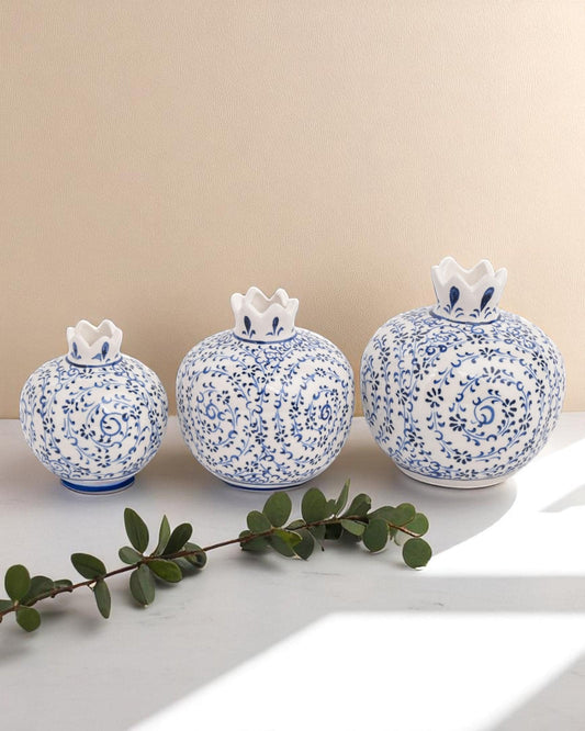 Ceramic Pomegranate Set of 3: White & Blue Iznik Style Pottery