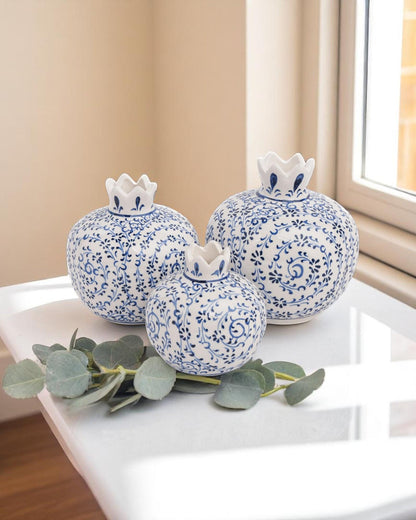 Ceramic Pomegranate Set of 3: White & Blue Iznik Style Pottery