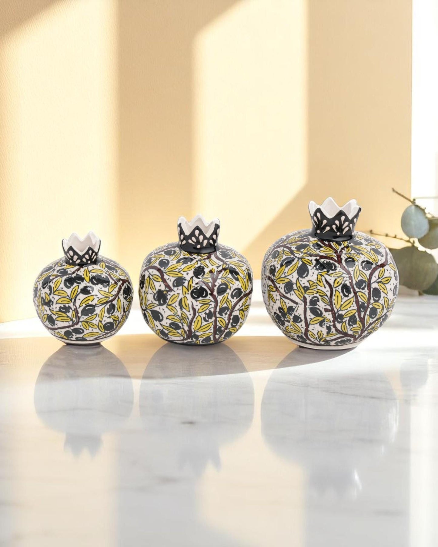 Handmade Ceramic Pomegranate Set of 3: Turkish Iznik Olive Branch Design