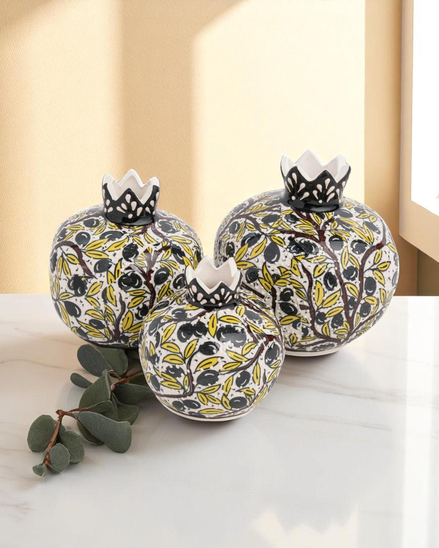 Handmade Ceramic Pomegranate Set of 3: Turkish Iznik Olive Branch Design
