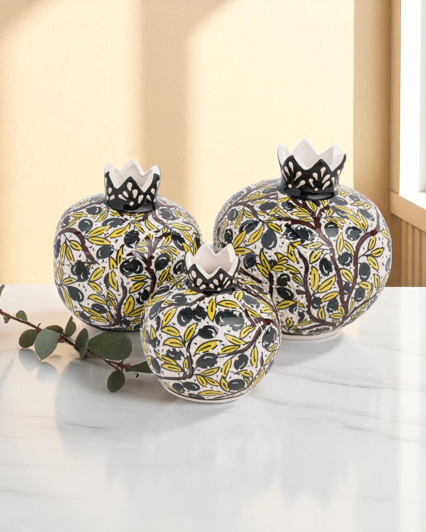 Handmade Ceramic Pomegranate Set of 3: Turkish Iznik Olive Branch Design