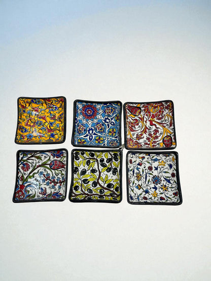 Turkish Ceramic Mini Bowls Set of 6, 4” Square Dipping Bowls, 10x10 cm Snack Nut Dishes, Iznik Floral Appetizer Condiment Dish, Housewarming