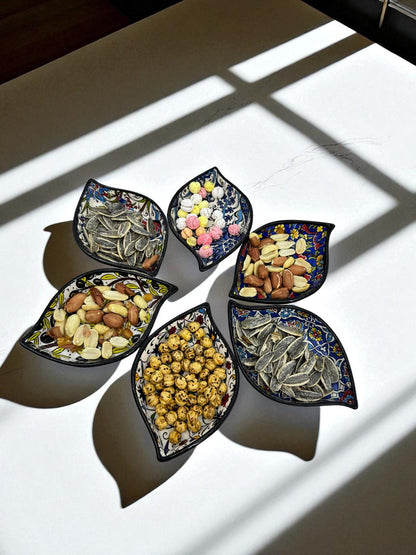 Turkish Ceramic Leaf Bowls Set of 6, 4” Mini Dipping Bowls, 10 cm Snack Nut Dishes, Iznik Floral Appetizer Condiment Dish, Meze Serving,Gift