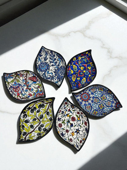 Turkish Ceramic Leaf Bowls Set of 6, 4” Mini Dipping Bowls, 10 cm Snack Nut Dishes, Iznik Floral Appetizer Condiment Dish, Meze Serving,Gift