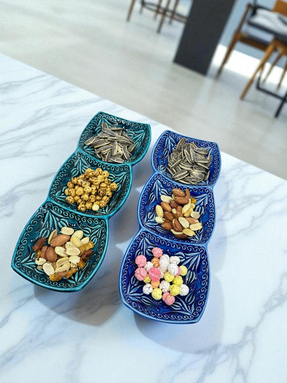 Turkish Ceramic 3-Section Serving Dish, 24 cm Triple Snack Tray, Meze Condiment Server,Blue & Turquoise Dipping Bowls,Appetizer Relish Plate