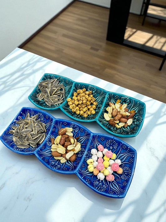 Turkish Ceramic 3-Section Serving Dish, 24 cm Triple Snack Tray, Meze Condiment Server,Blue & Turquoise Dipping Bowls,Appetizer Relish Plate