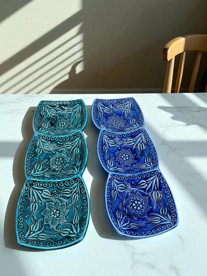 Turkish Ceramic 3-Section Serving Dish, 24 cm Triple Snack Tray, Meze Condiment Server,Blue & Turquoise Dipping Bowls,Appetizer Relish Plate