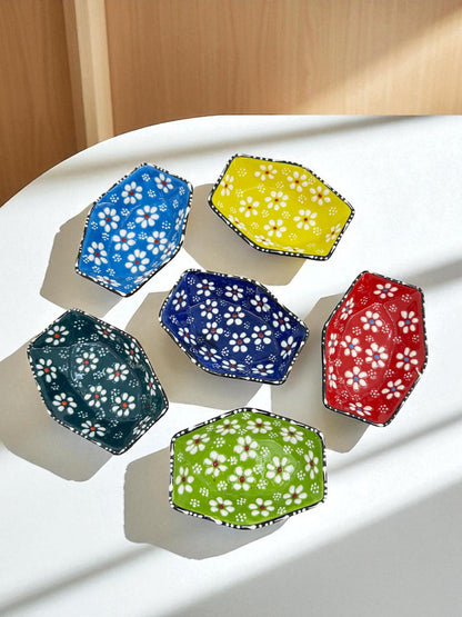 Turkish Ceramic Mini Bowls,Hexagon Dipping Bowls, 9 to 11 cm Snack Nut Dishes,Colorful Condiment Sauce Dish,Daisy Pattern,Set of 6 or Single