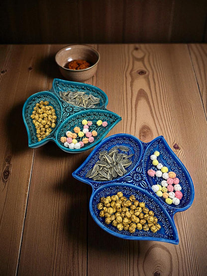 21 cm Ceramic Snack Platter, 3-Section Leaf Serving Tray, Turkish Appetizer Bowl, Iznik Pattern Nut Dish, Blue or Turquoise