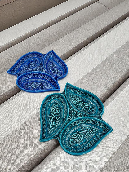 21 cm Ceramic Snack Platter, 3-Section Leaf Serving Tray, Turkish Appetizer Bowl, Iznik Pattern Nut Dish, Blue or Turquoise