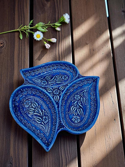 21 cm Ceramic Snack Platter, 3-Section Leaf Serving Tray, Turkish Appetizer Bowl, Iznik Pattern Nut Dish, Blue or Turquoise