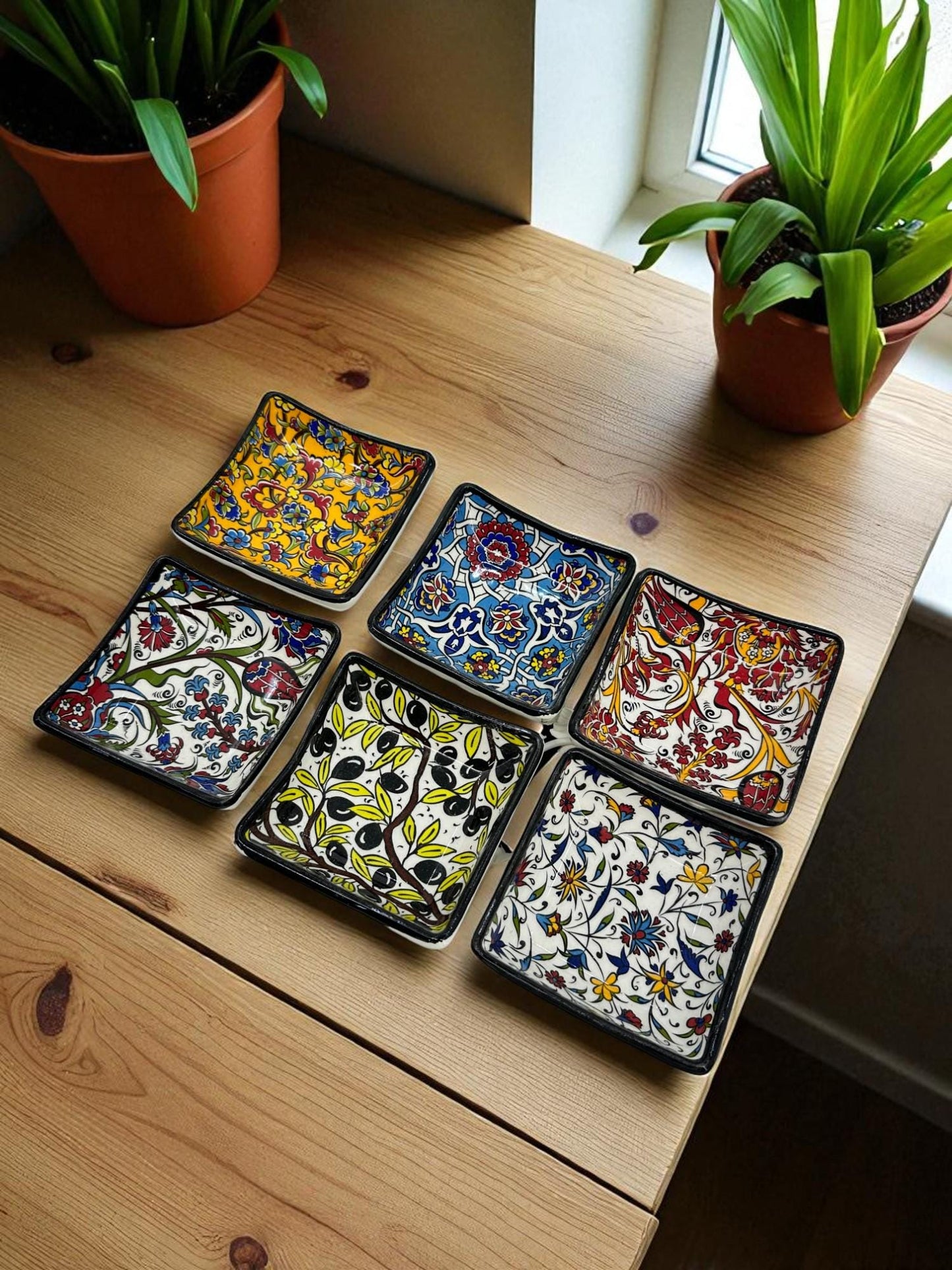 Turkish Ceramic Mini Bowls Set of 6, 4” Square Dipping Bowls, 10x10 cm Snack Nut Dishes, Iznik Floral Appetizer Condiment Dish, Housewarming