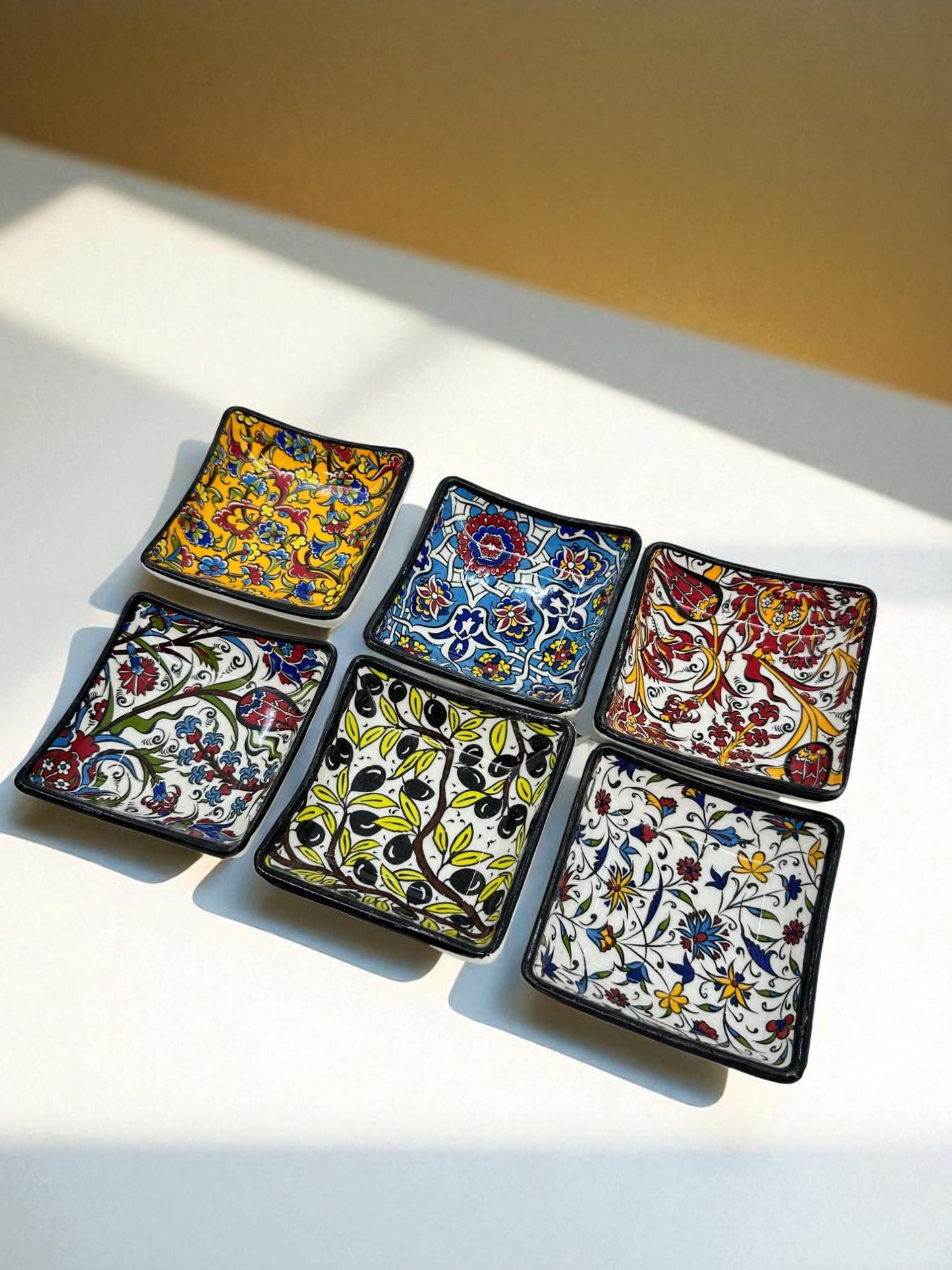 Turkish Ceramic Mini Bowls Set of 6, 4” Square Dipping Bowls, 10x10 cm Snack Nut Dishes, Iznik Floral Appetizer Condiment Dish, Housewarming