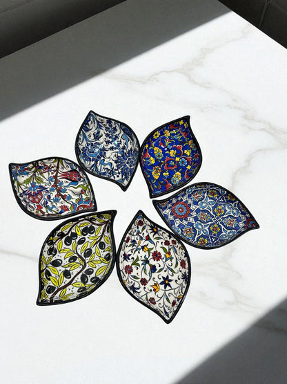 Turkish Ceramic Leaf Bowls Set of 6, 4” Mini Dipping Bowls, 10 cm Snack Nut Dishes, Iznik Floral Appetizer Condiment Dish, Meze Serving,Gift