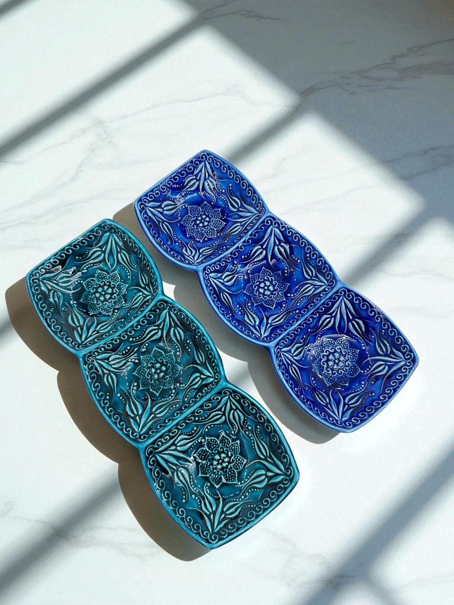 Turkish Ceramic 3-Section Serving Dish, 24 cm Triple Snack Tray, Meze Condiment Server,Blue & Turquoise Dipping Bowls,Appetizer Relish Plate