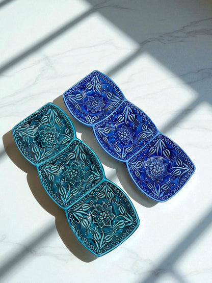 Turkish Ceramic 3-Section Serving Dish, 24 cm Triple Snack Tray, Meze Condiment Server,Blue & Turquoise Dipping Bowls,Appetizer Relish Plate