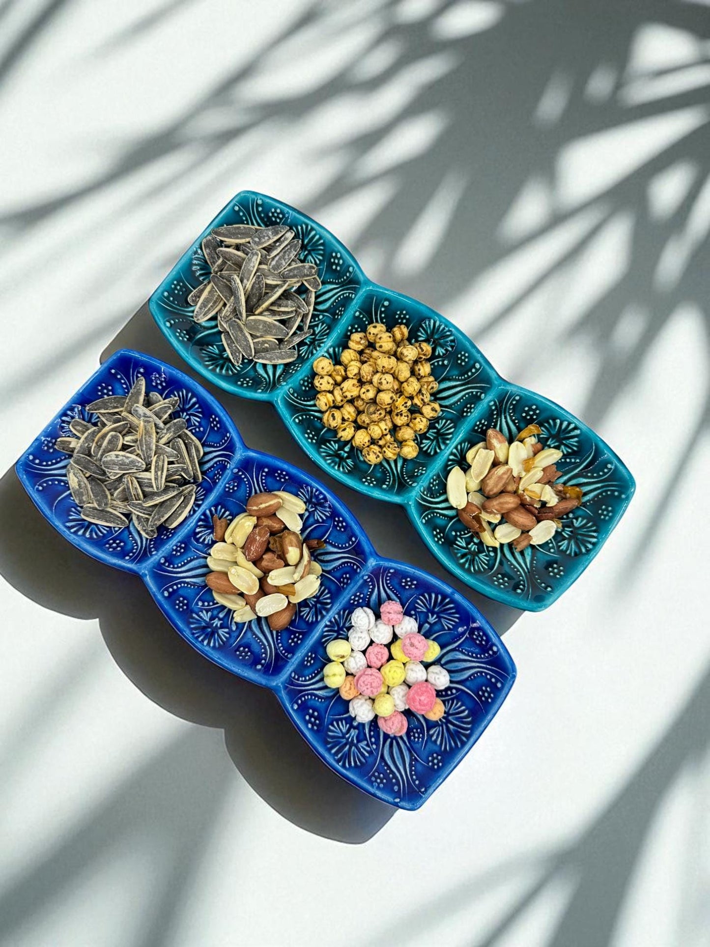 Turkish Ceramic 3-Section Serving Dish, 24 cm Triple Snack Tray, Meze Condiment Server,Blue & Turquoise Dipping Bowls,Appetizer Relish Plate