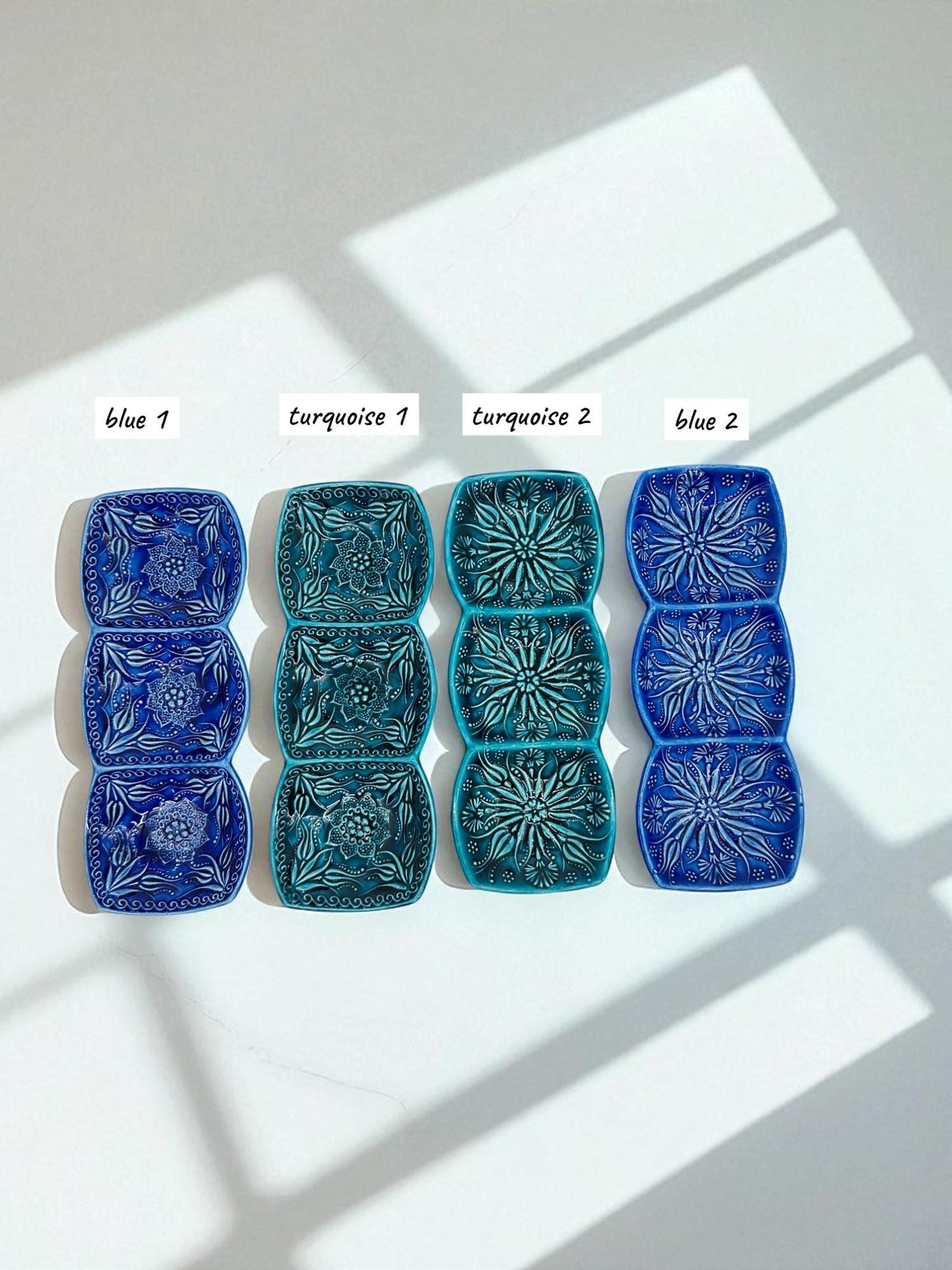 Turkish Ceramic 3-Section Serving Dish, 24 cm Triple Snack Tray, Meze Condiment Server,Blue & Turquoise Dipping Bowls,Appetizer Relish Plate