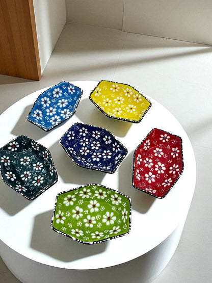 Turkish Ceramic Mini Bowls,Hexagon Dipping Bowls, 9 to 11 cm Snack Nut Dishes,Colorful Condiment Sauce Dish,Daisy Pattern,Set of 6 or Single
