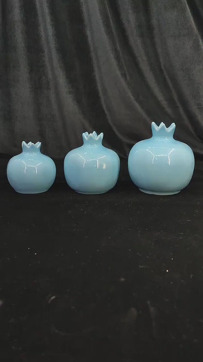 Handmade Blue Ceramic Pomegranate Set – Set of 3 Decorative Turkish Pottery Vases, Unique Table Centerpiece