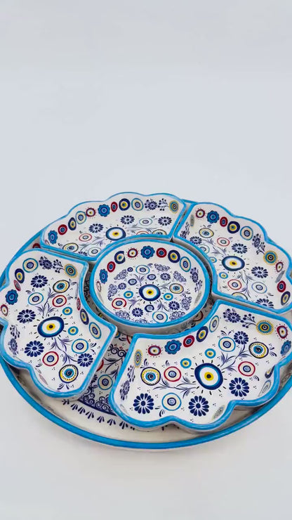 Handmade Turkish Breakfast Set | Blue Floral Ceramic Bowl & Tray Set | Traditional Serving Set | Unique Gift for Food Lovers