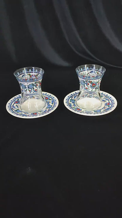 Handmade Turkish Ceramic Tea Set for Two – Traditional Glass Teacups with Saucers, Ideal Housewarming Gift