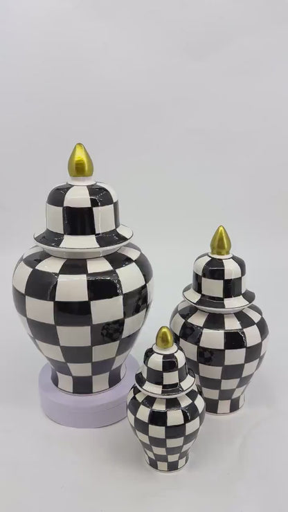 Black White Checkered Ceramic Vase Set with Gold Lid | Modern Decorative Lidded Jars | Home Shelf Decor | Small Medium Large Sizes