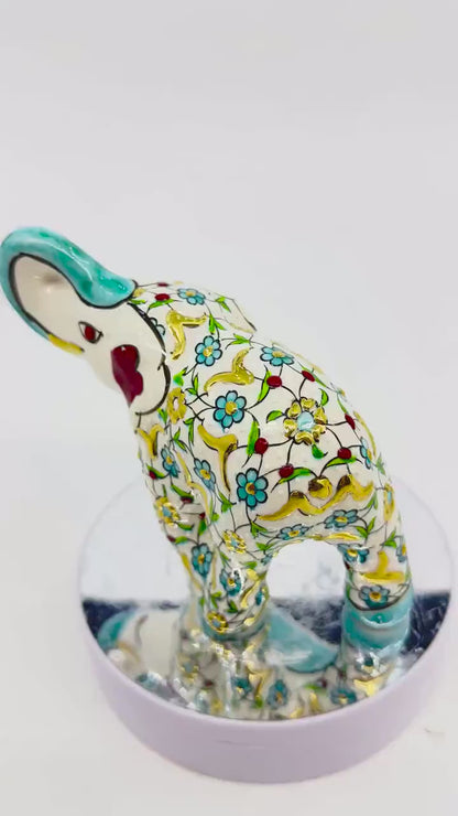Hand-Painted Turkish Ceramic Elephant Figurine – Gold Floral Design, Unique Home Decor & Gift for Elephant Lovers