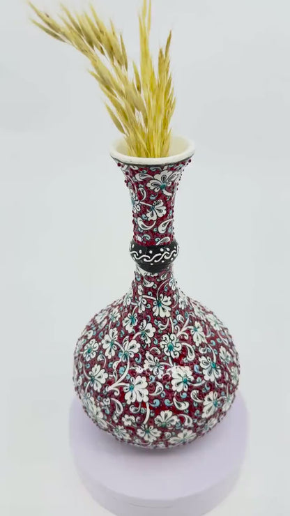 Handmade Turkish Teardrop Ceramic Vase - Red Floral Pattern Decorative Home Decor - Boho Style Unique Gift Idea