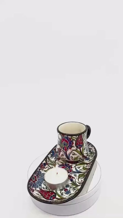 Handmade Turkish Coffee Cup Set with Tray | Ottoman Floral Ceramic Espresso Cup | Unique Gift for Coffee Lovers