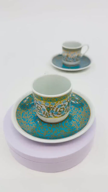 porcelain coffee set, gold coffee cup, turkish espresso cup, luxury coffee gift, handmade cup set, blue floral decor