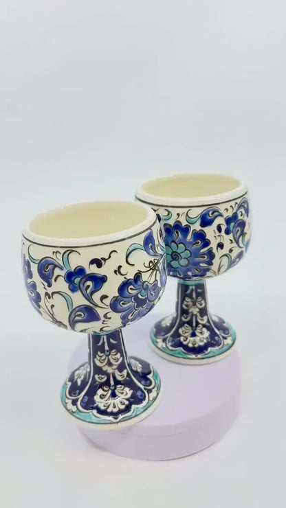 Handmade Ceramic Goblet Set of 2 - Traditional Turkish Design - Decorative Blue and White Chalices - Unique Gift for Wine Lovers