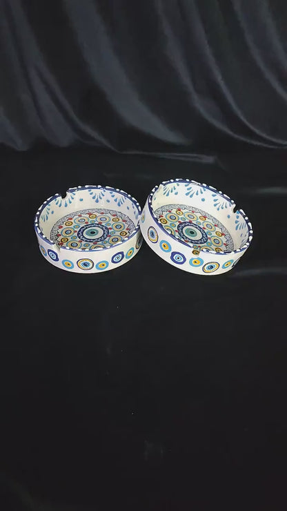Handmade Evil Eye Ceramic Ashtray Set with Lids | Turkish Floral Ashtray Decor | Nazar Protection Gift | Set of 2
