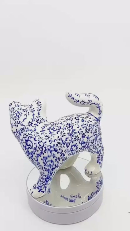 Hand-Painted Ceramic Cat Figurine with Turkish Blue Floral Design – Unique Valentine's Day Gift for Cat Lovers, Home Decor Ornament
