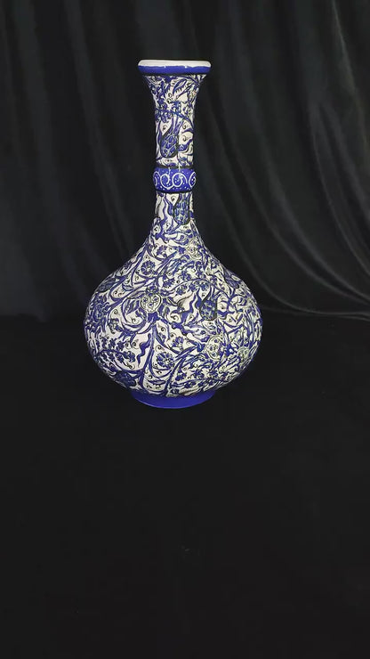Handmade Turkish Ceramic Vase – 12" Blue Floral Pottery Vase, Decorative Anatolian Vase, Collectible Hand-Painted Vase