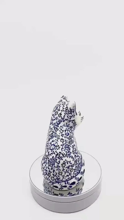 Hand-Painted Ceramic Cat Figurine – Turkish Blue Floral Ornament for Home Decor, Unique Valentine's Day Gift Idea for Cat Lovers