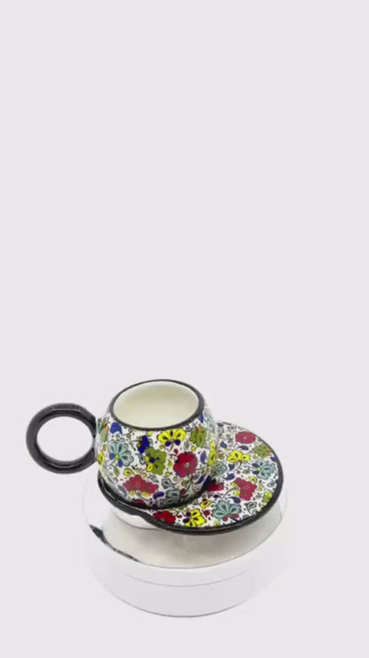 coffee cup, ceramic espresso set, hand painted, floral design, gift for her