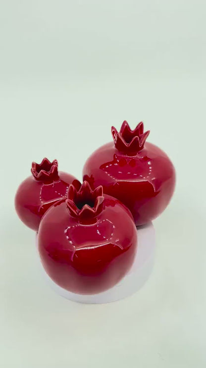 Handmade Red Ceramic Pomegranate Set – Set of 3 Decorative Turkish Pottery Vases, Unique Table Centerpiece