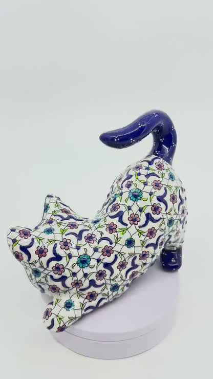 Hand-Painted Ceramic Cat Figurine – Turkish Blue Floral Ornament for Home Decor, Unique Valentine's Day Gift Idea for Cat Lovers