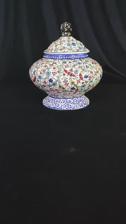 Handmade Floral Ceramic Sugar Bowl with Lid – 6" Pottery Sweet Bowl, Decorative Sugar Container, Unique Ceramic Gift, Lidded Sugar Bowl